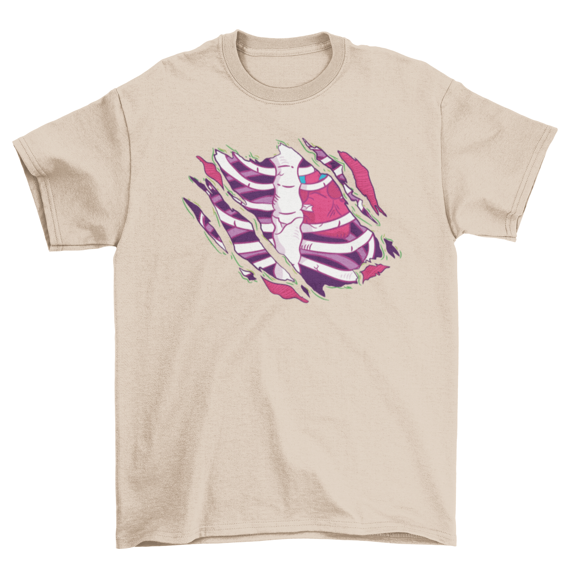 A cool zombie t-shirt design featuring a torn fabric revealing human bones and organs, perfect for horror enthusiasts.