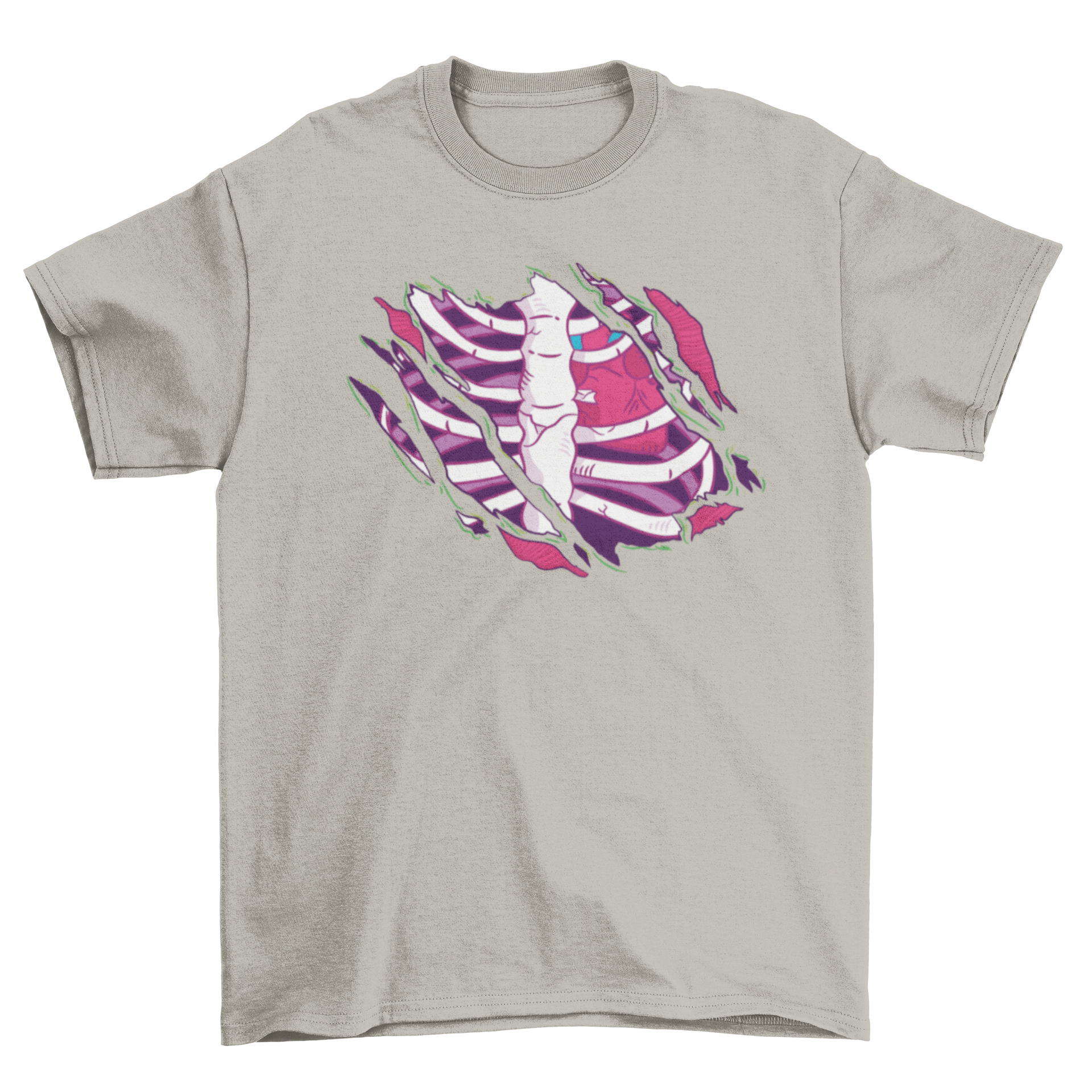 A cool zombie t-shirt design featuring a torn fabric revealing human bones and organs, perfect for horror enthusiasts.