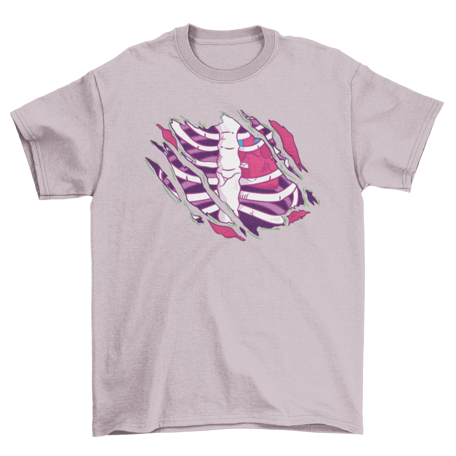 A cool zombie t-shirt design featuring a torn fabric revealing human bones and organs, perfect for horror enthusiasts.