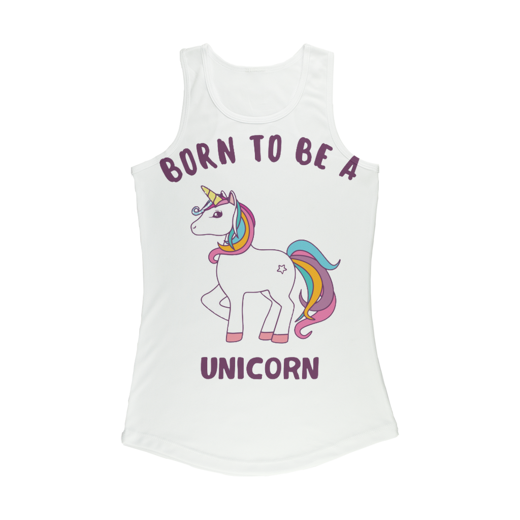 Born to be a Unicorn Women Performance Tank Top in a stylish girlie fit with racer back design, showcasing its vibrant color and comfortable fabric.