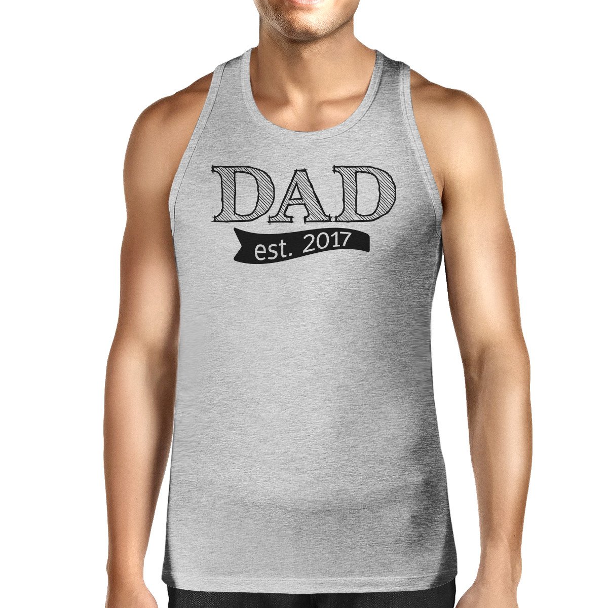 Men's grey cotton tank top with 'Dad Est 2017' graphic design, perfect for Father's Day gifts.