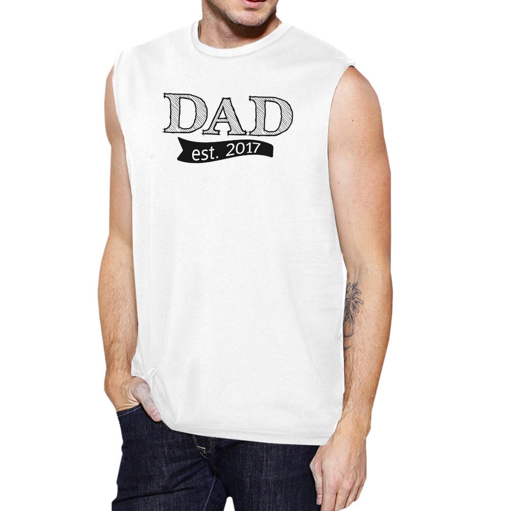 Dad Est 2017 Men's White Muscle Tank, made of 100% ring spun cotton, featuring a stylish design perfect for Father's Day gifts.