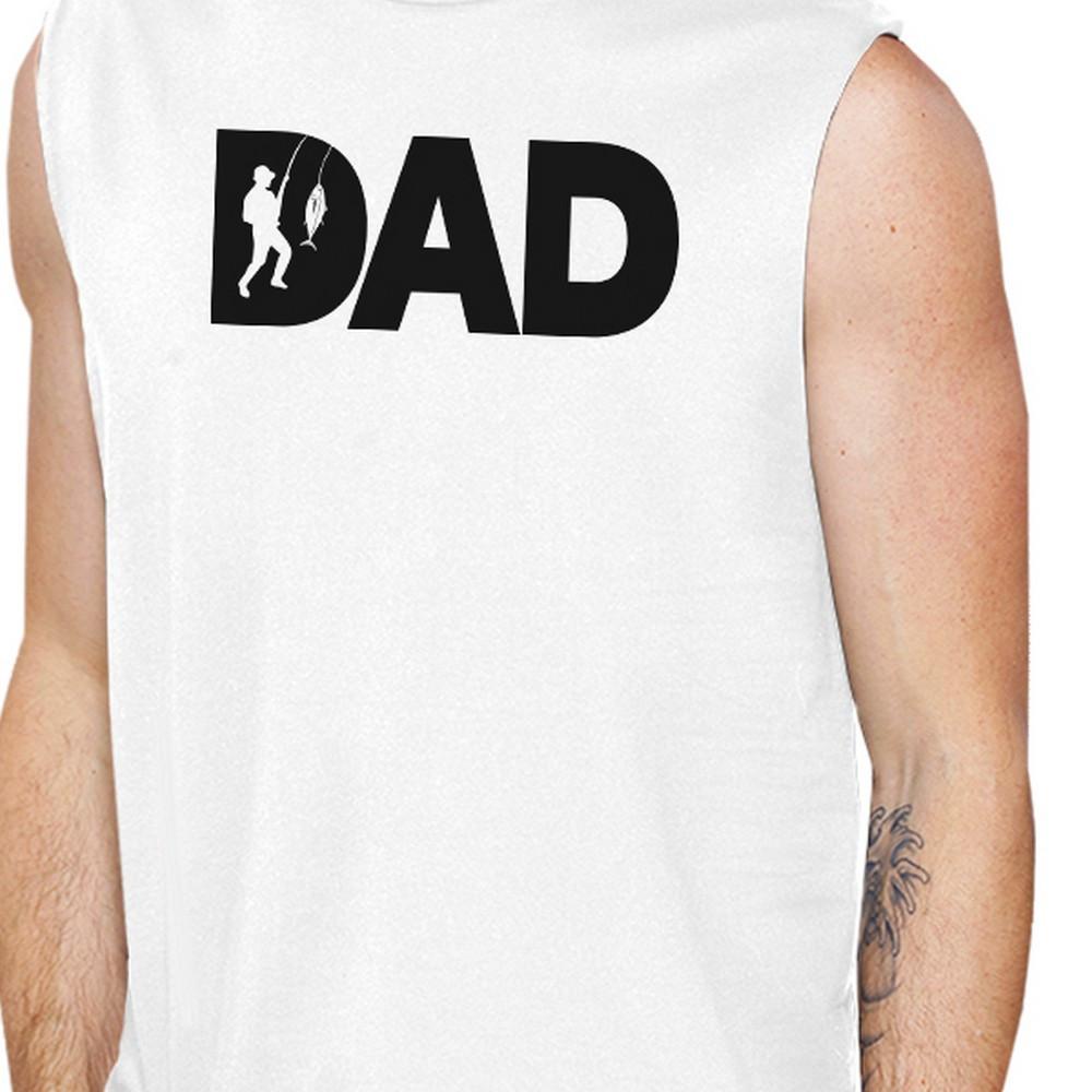 Dad Fish Men's White Sleeveless Tank Top featuring a unique fishing design, made from 100% ring spun cotton, perfect for Father's Day gifts.