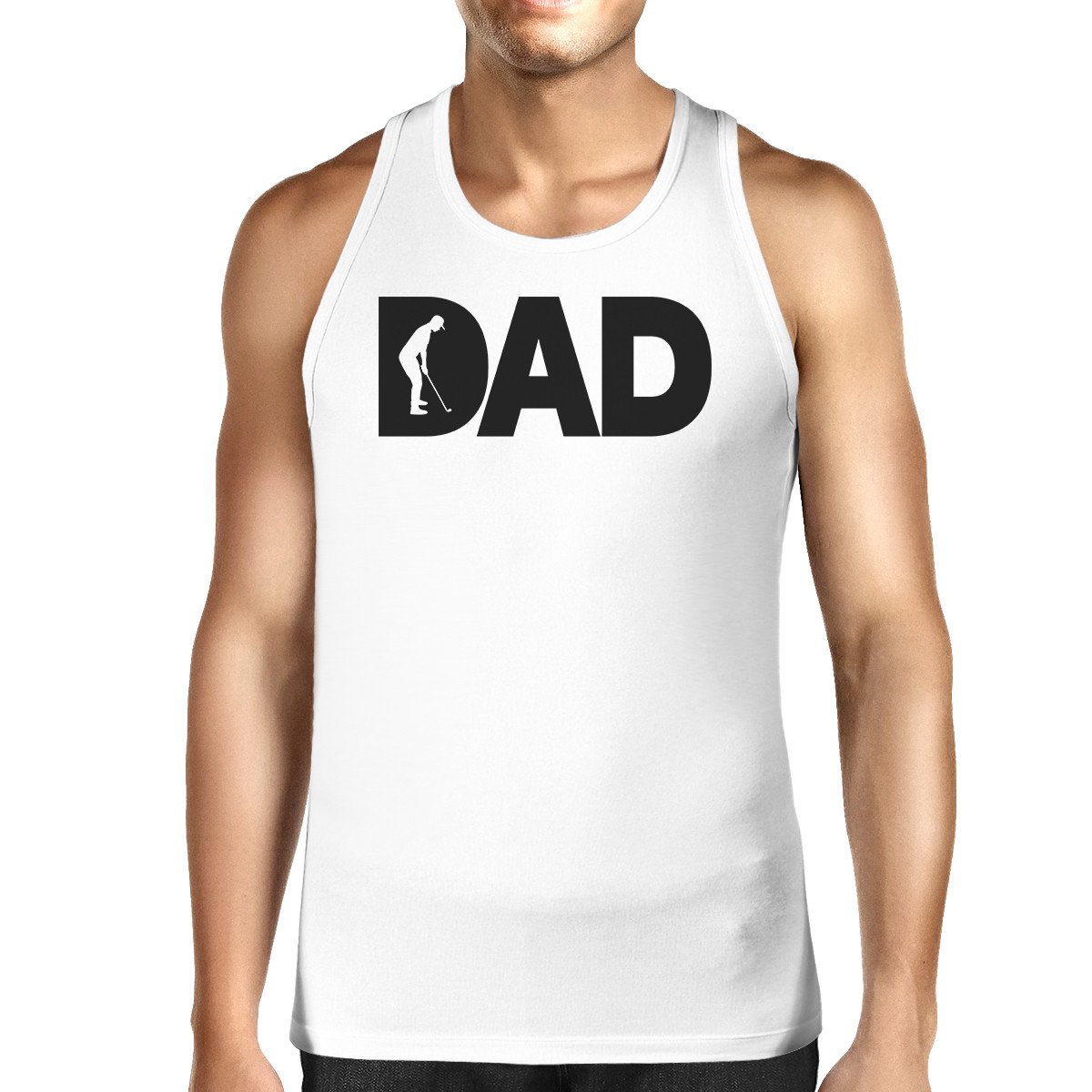 Dad Golf Men's White Graphic Tank featuring a unique design, made from 100% ring spun cotton, perfect for Father's Day gifts.