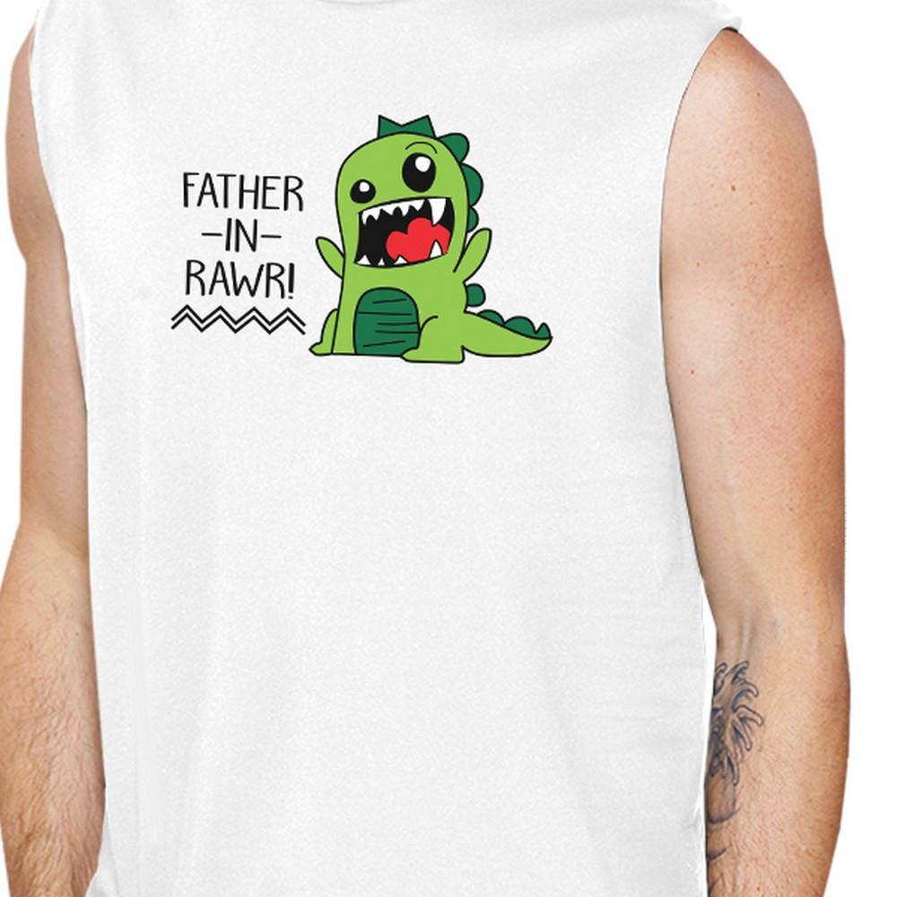 Father-In-Rawr Men's White Muscle Tank featuring a unique graphic design, made from 100% ring spun cotton, perfect for Father's Day gifts.