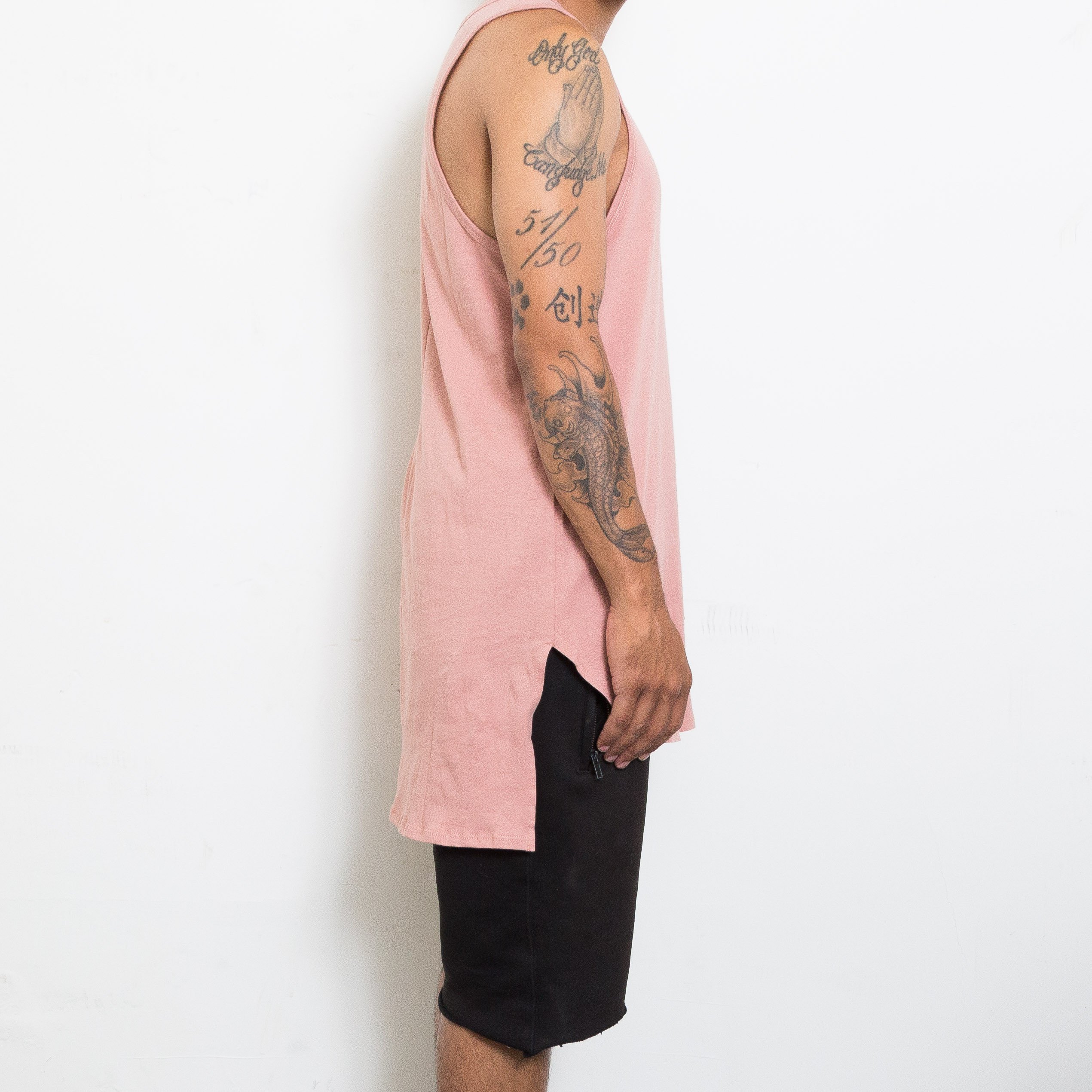 HI LOW TANK in rose color featuring a stylish hi-lo design and muscle tank style, perfect for casual wear.