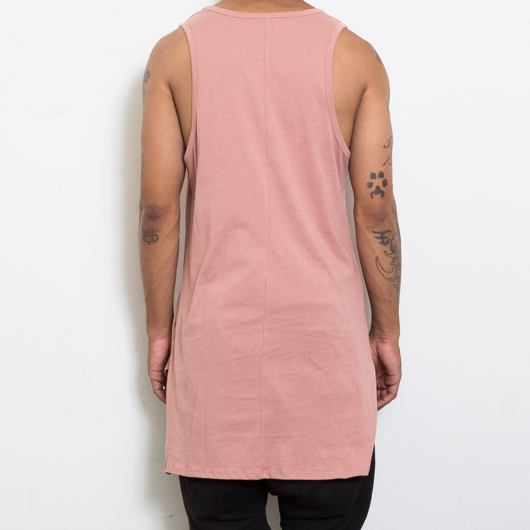 HI LOW TANK in rose color featuring a stylish hi-lo design and muscle tank style, perfect for casual wear.