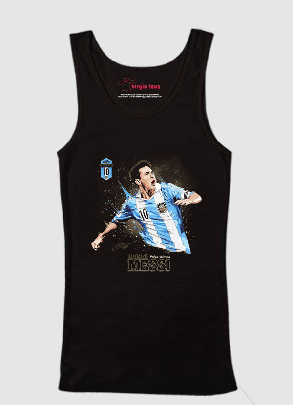 A stylish Messi Tank Top made from 100% cotton, featuring a vibrant design celebrating Lionel Messi, available in various colors.