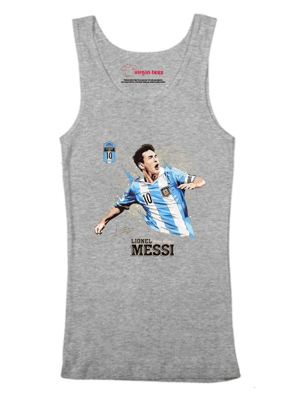 A stylish Messi Tank Top made from 100% cotton, featuring a vibrant design celebrating Lionel Messi, available in various colors.