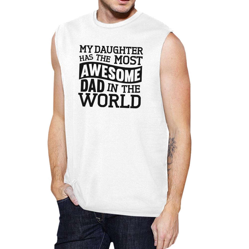 Men's white tank top with unique design saying 'The Most Awesome Dad', made of 100% ring spun cotton, perfect for Father's Day gifts.