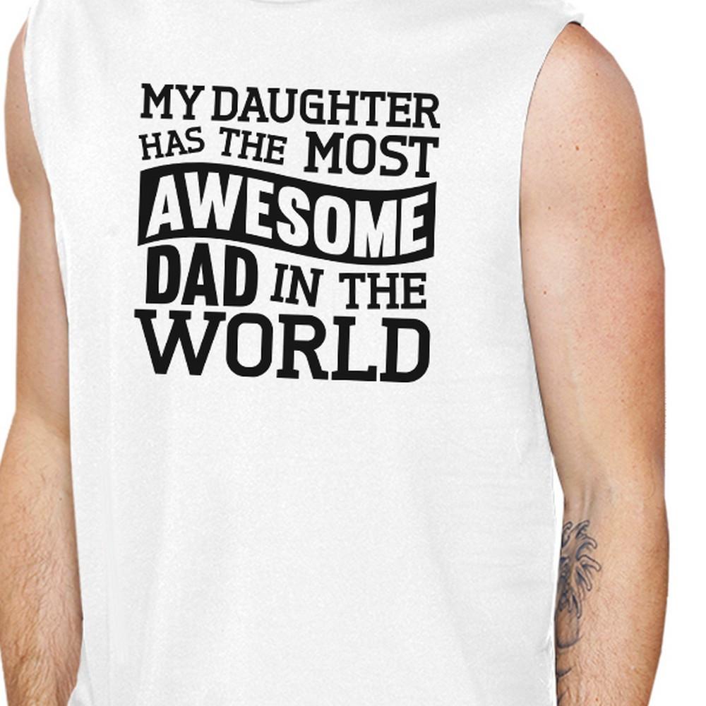 Men's white tank top with unique design saying 'The Most Awesome Dad', made of 100% ring spun cotton, perfect for Father's Day gifts.