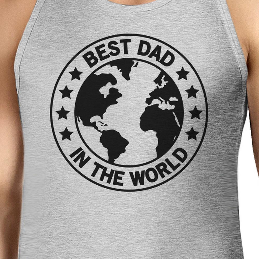 Men's grey sleeveless tee featuring 'World Best Dad' graphic design, made from 100% ring spun cotton, perfect for Father's Day gifts.