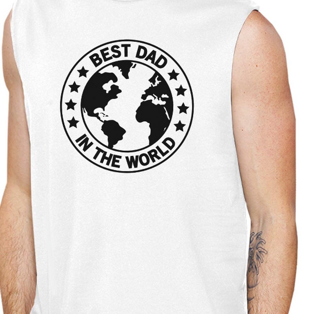 A white muscle tank top with 'World Best Dad' printed on it, made from 100% ring spun cotton, designed for comfort and style.