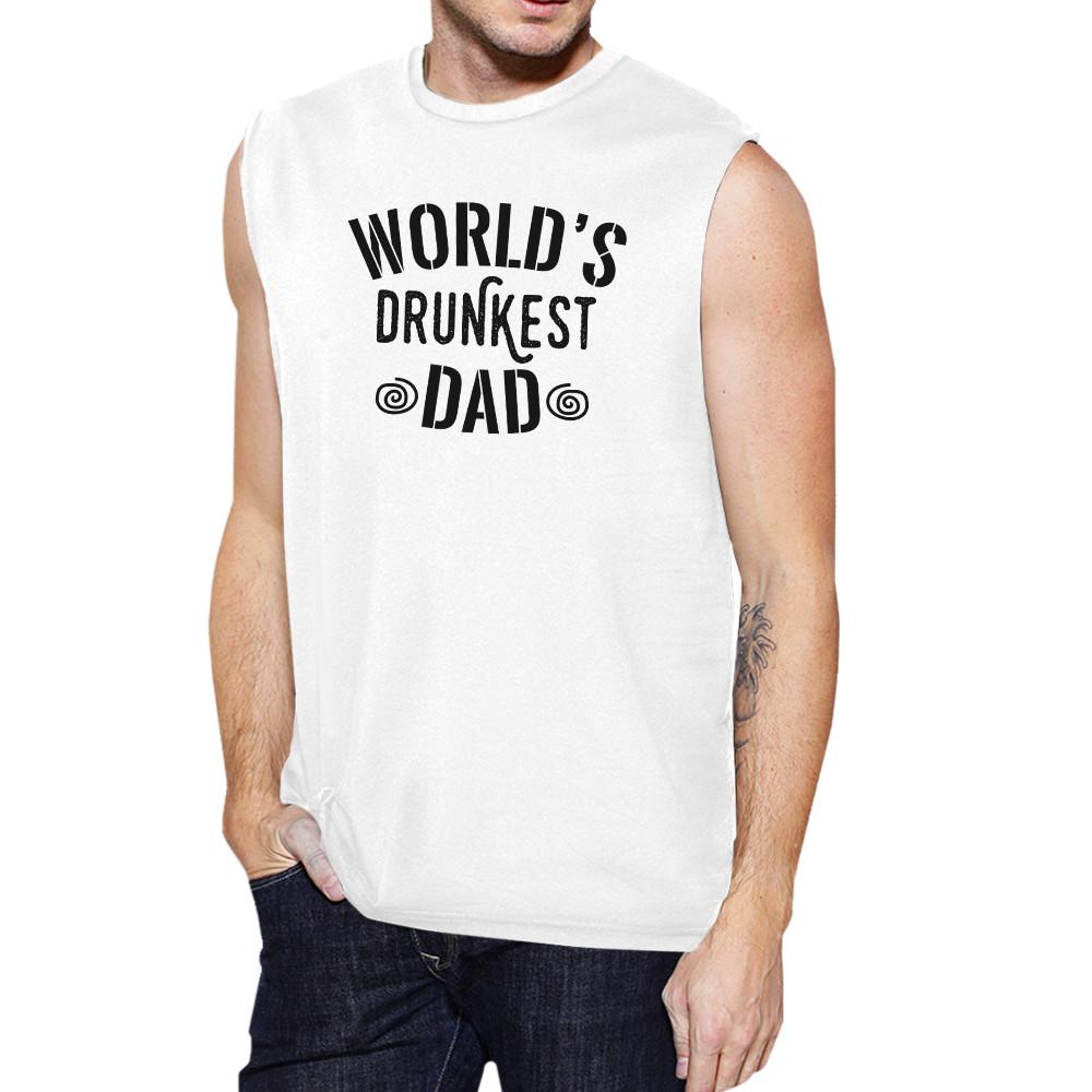 Men's white muscle tank top featuring a humorous graphic design that reads 'World's Drunkest Dad', made from 100% ring spun cotton.