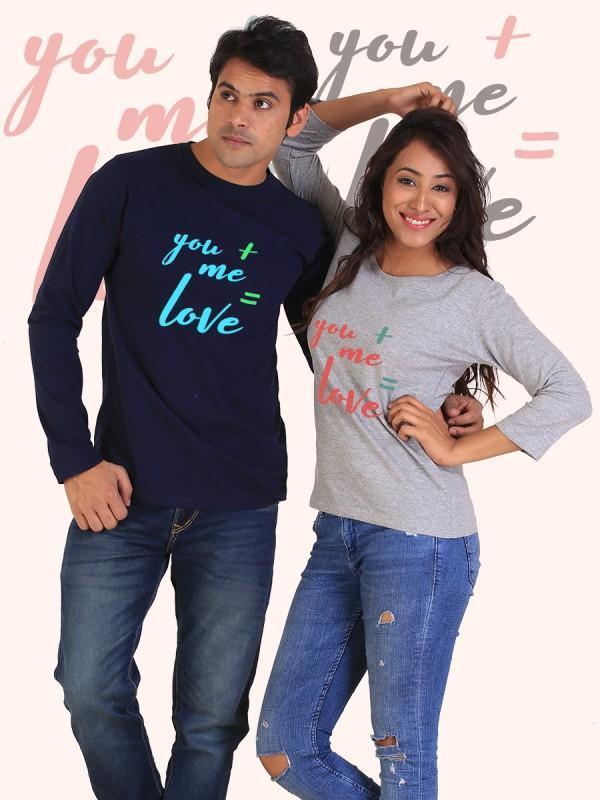 Couple wearing You + Me = Love Full Sleeves T-shirt in navy and gray, showcasing a stylish design that expresses love.