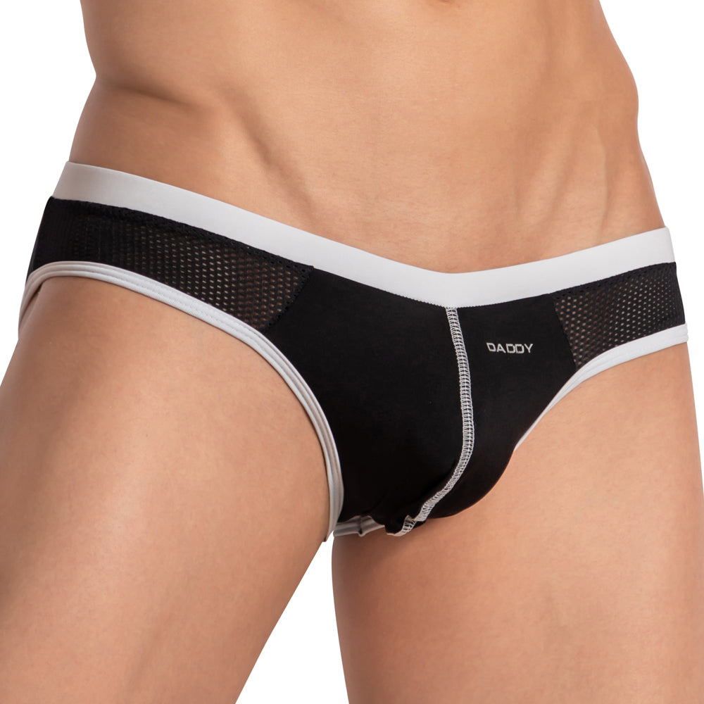 Daddy DDJ030 Centerseam Pouch Brief featuring a unique design with side mesh fabric and stretchy cotton for enhanced support and comfort.