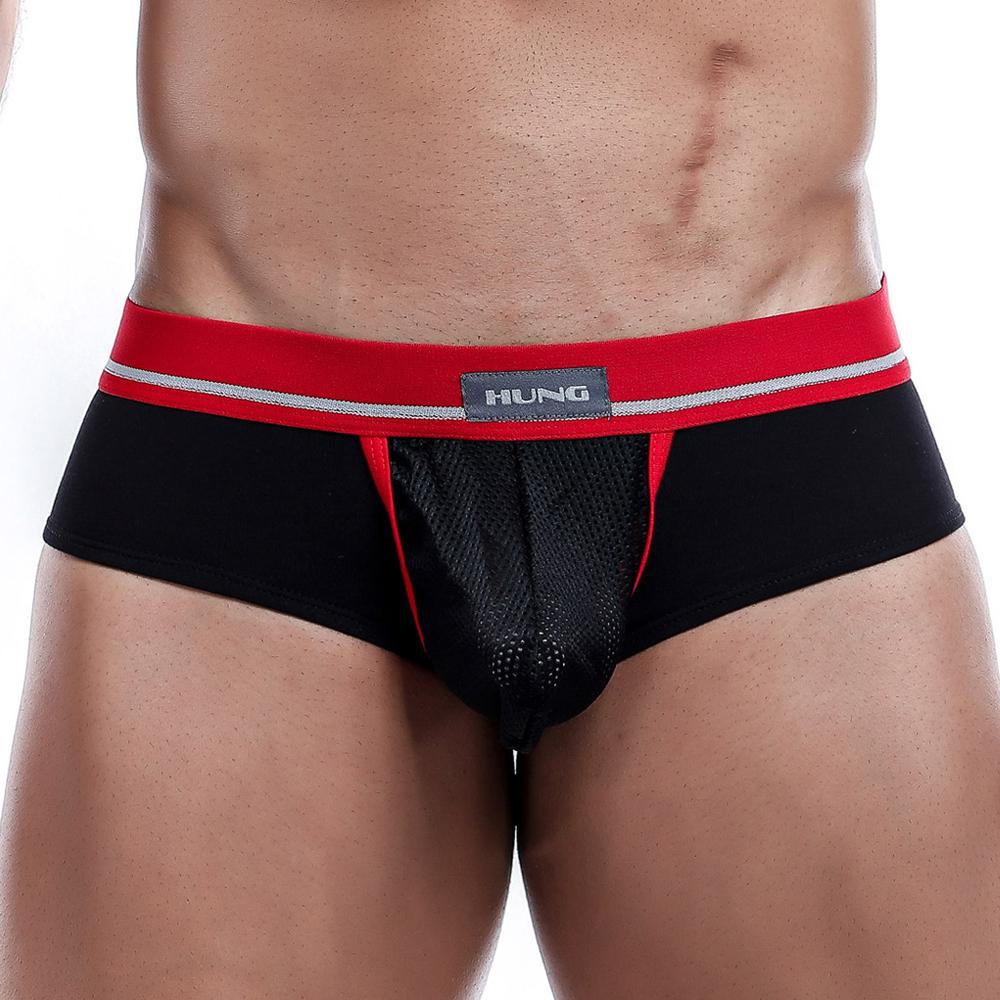 Hung HGJ002 Men's Brief featuring breathable mesh pouch and solid fabric design with contrasting piping.