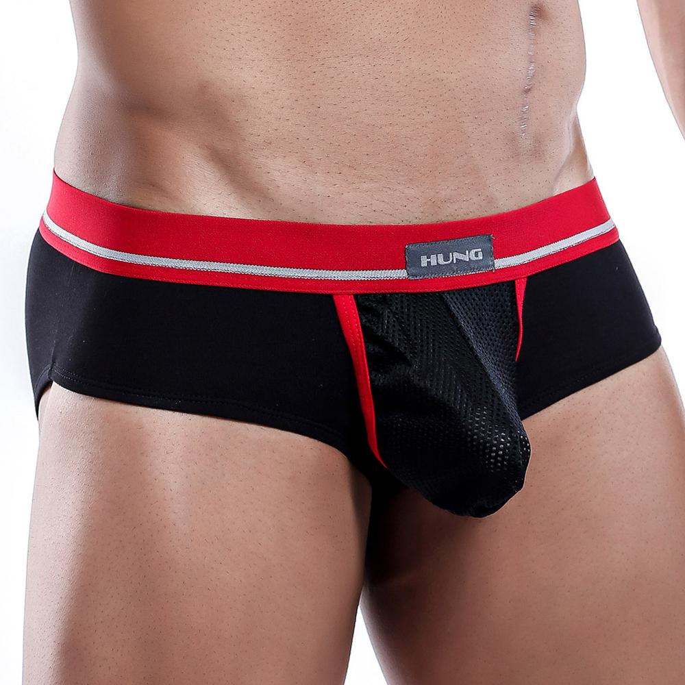 Hung HGJ002 Men's Brief featuring breathable mesh pouch and solid fabric design with contrasting piping.