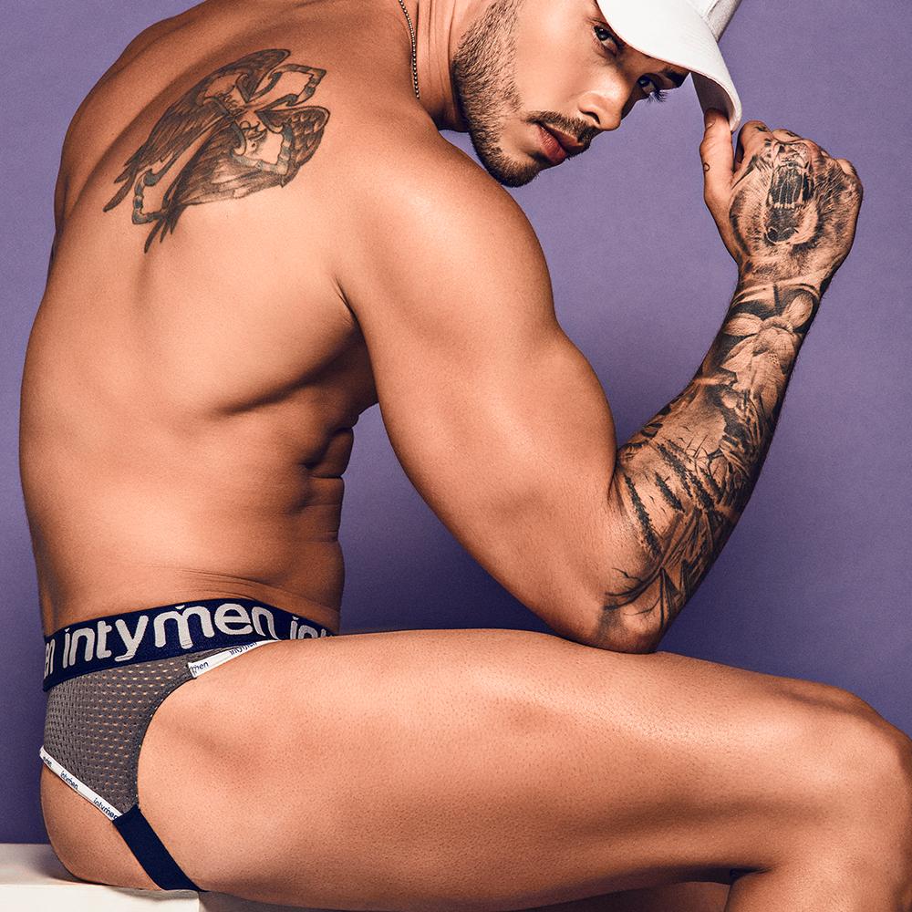 Intymen INE018 Swinger Jockstrap featuring breathable mesh fabric, contour pouch, and stylish piping details.