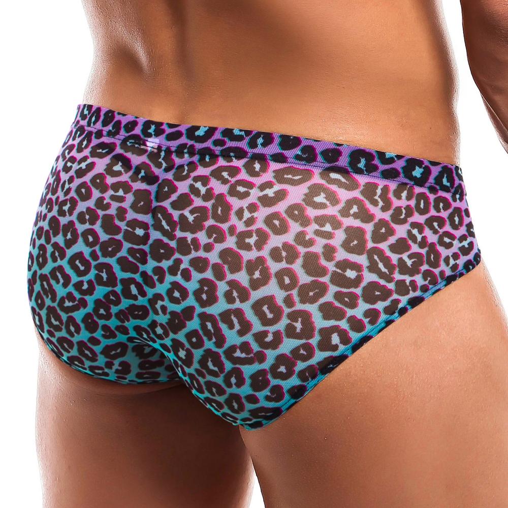 Intymen INI025 Leopard Bikini featuring a bold leopard print design, made from soft polyamide fabric, showcasing its snug fit and contour pouch.