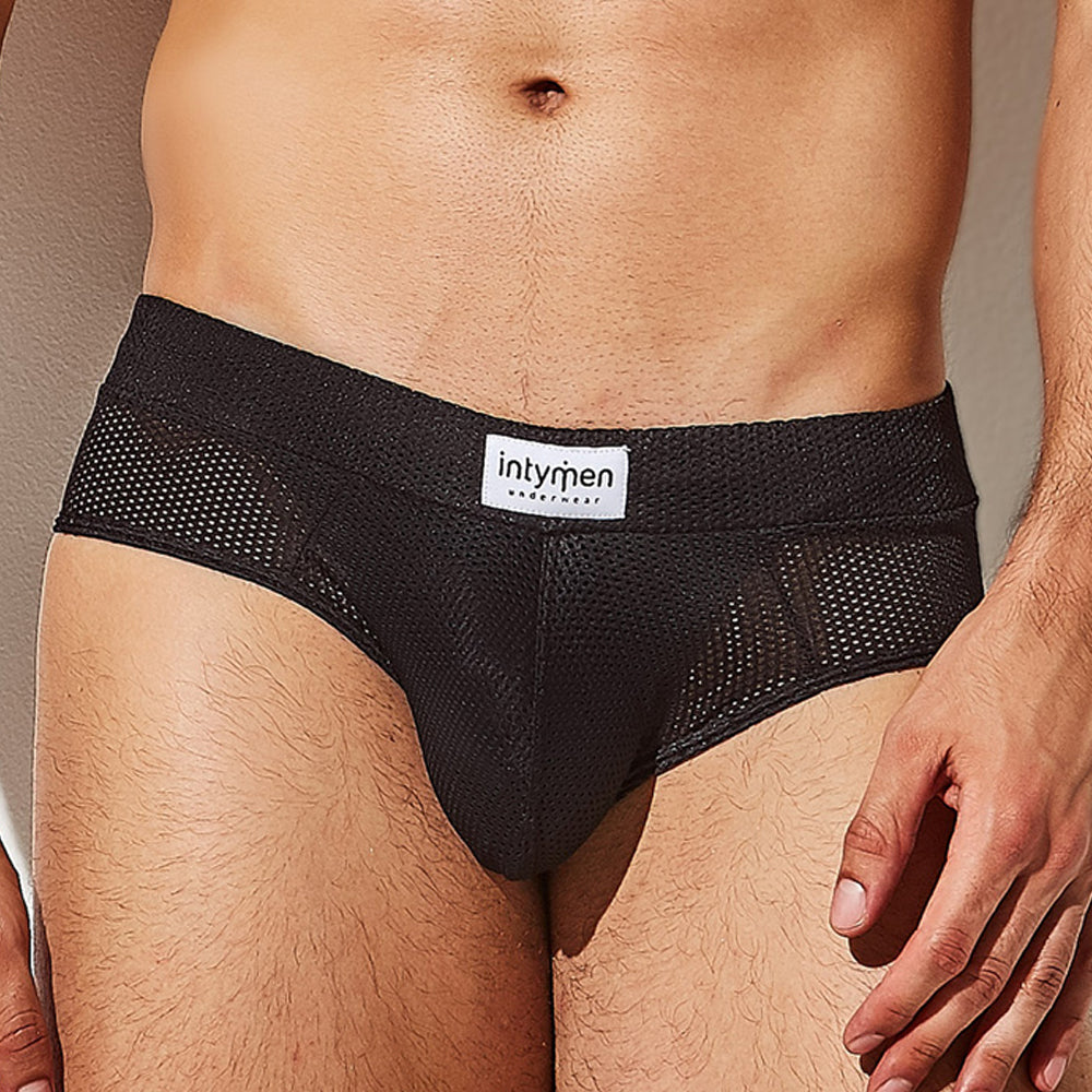 Intymen INJ080 Low Rise Breathable Brief showcasing shiny stretchy cotton fabric and thick elastic waistband.