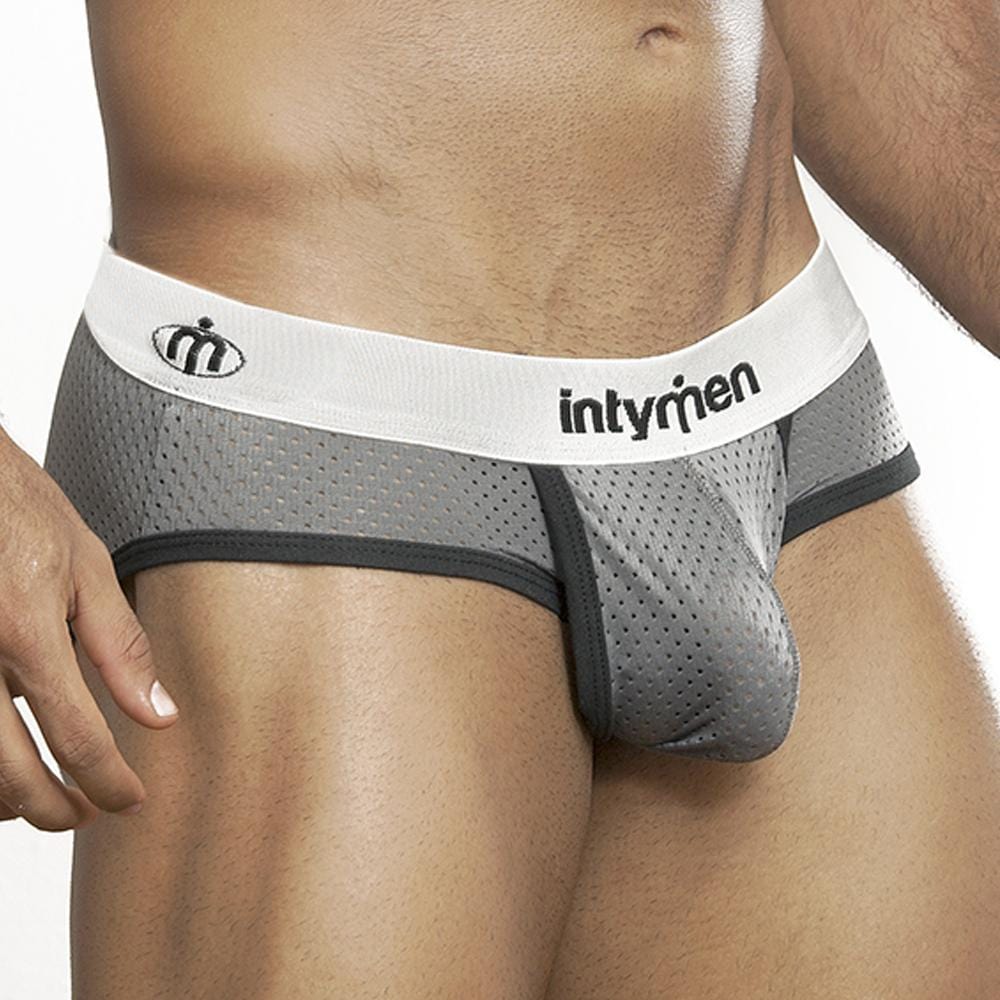 Intymen INT6604 Mesh Trim Brief in grey with stylish mesh design and accent piping, showcasing the center contoured pouch.