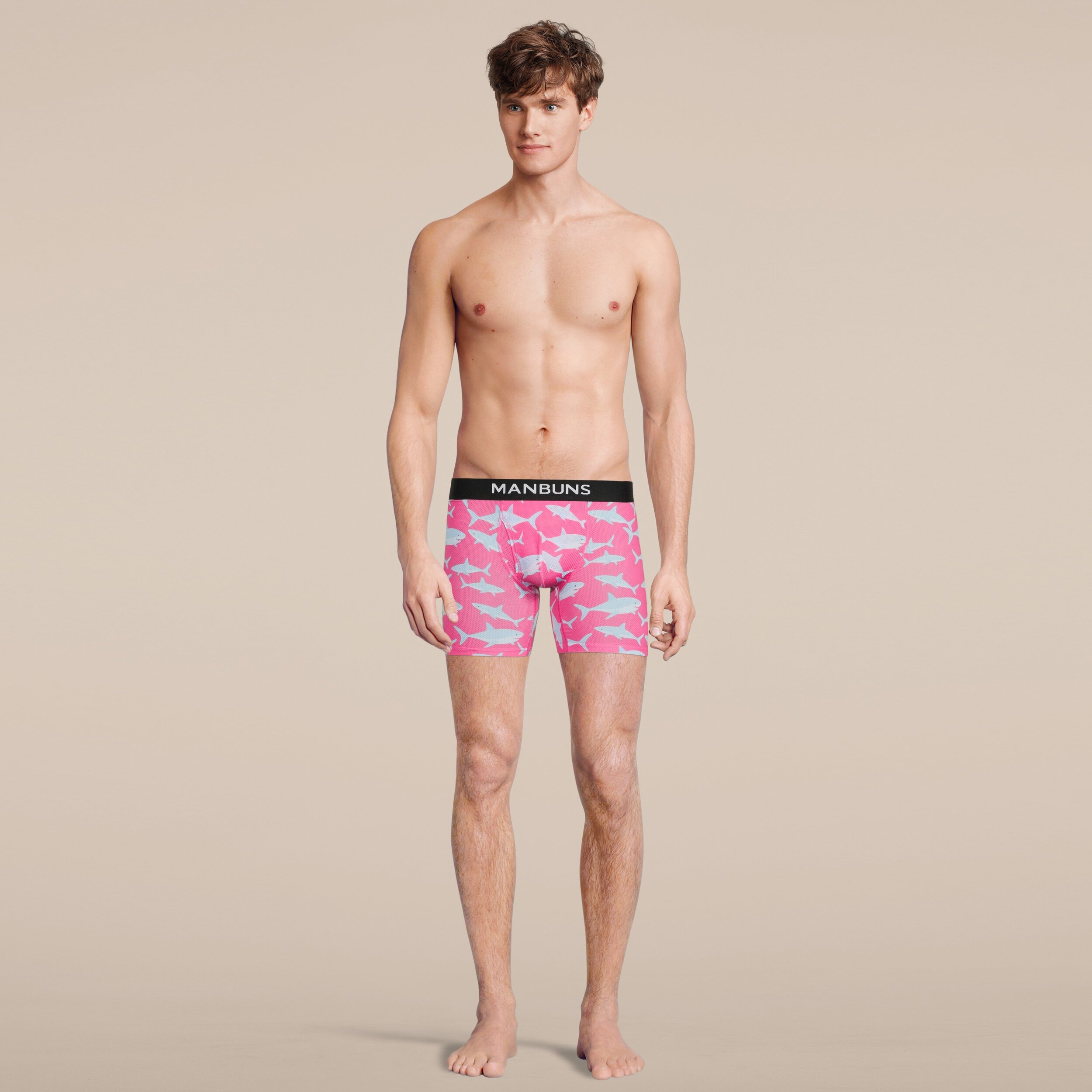 Men's Baby Shark Boxer Brief Underwear featuring a playful shark design, made from breathable mesh material for comfort and performance.