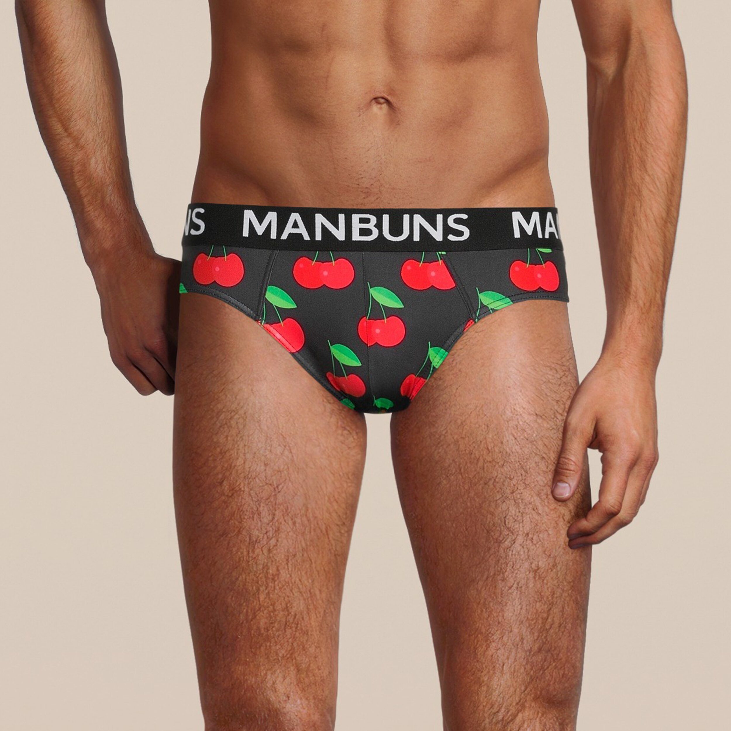 Men's Cherry Brief Underwear featuring breathable mesh fabric, slim fit design, and vibrant cherry pattern, perfect for workouts and casual wear.