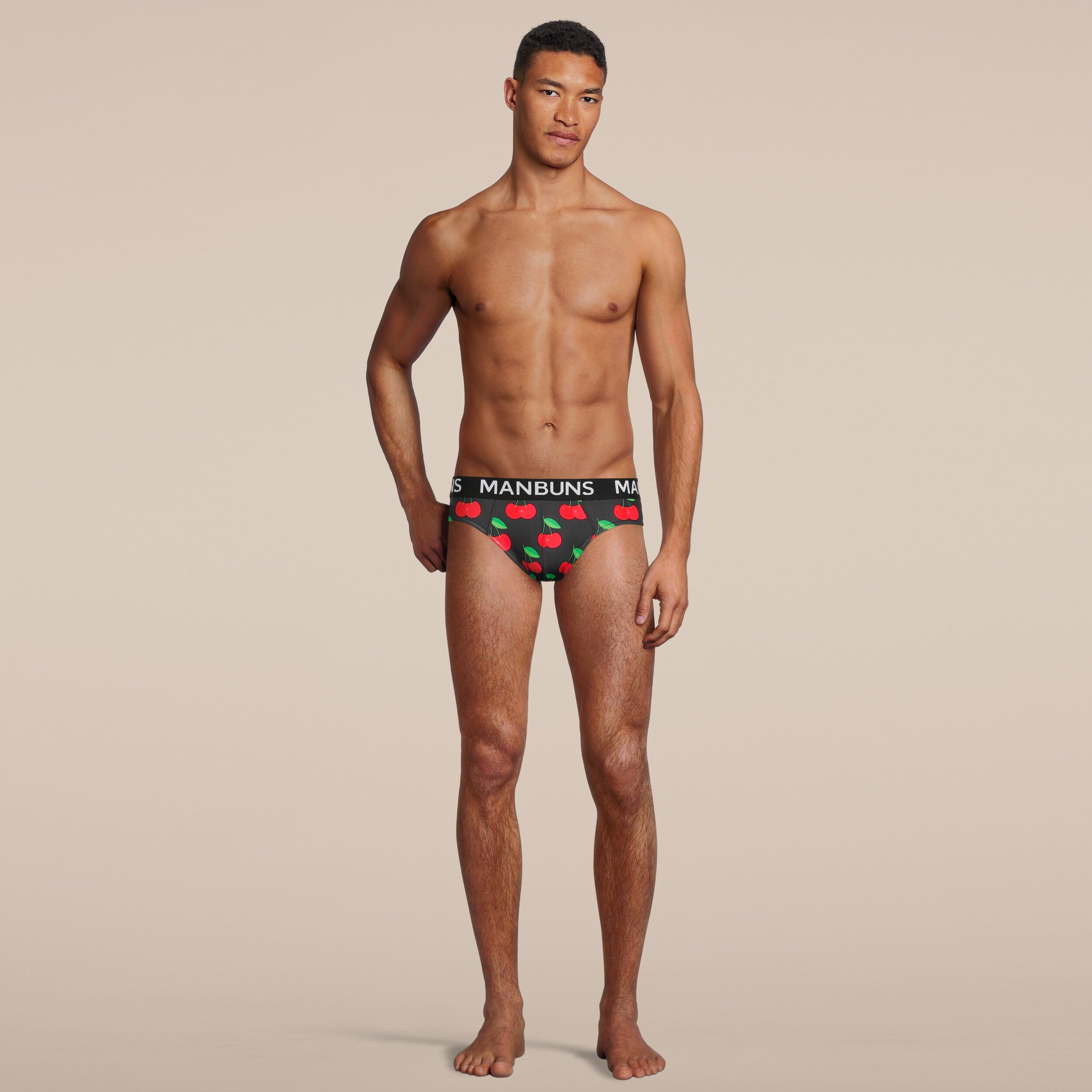 Men's Cherry Brief Underwear featuring breathable mesh fabric, slim fit design, and vibrant cherry pattern, perfect for workouts and casual wear.