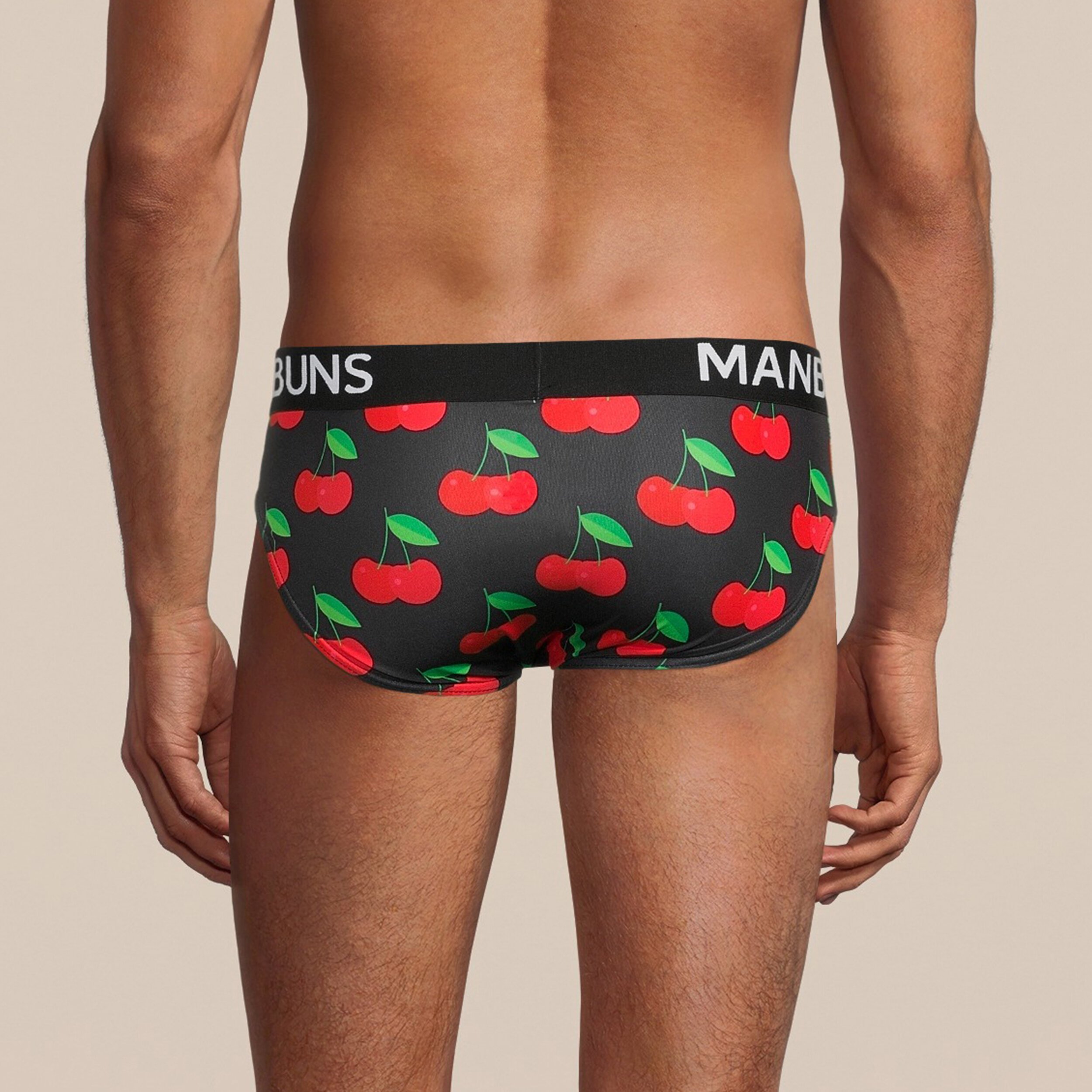 Men's Cherry Brief Underwear featuring breathable mesh fabric, slim fit design, and vibrant cherry pattern, perfect for workouts and casual wear.