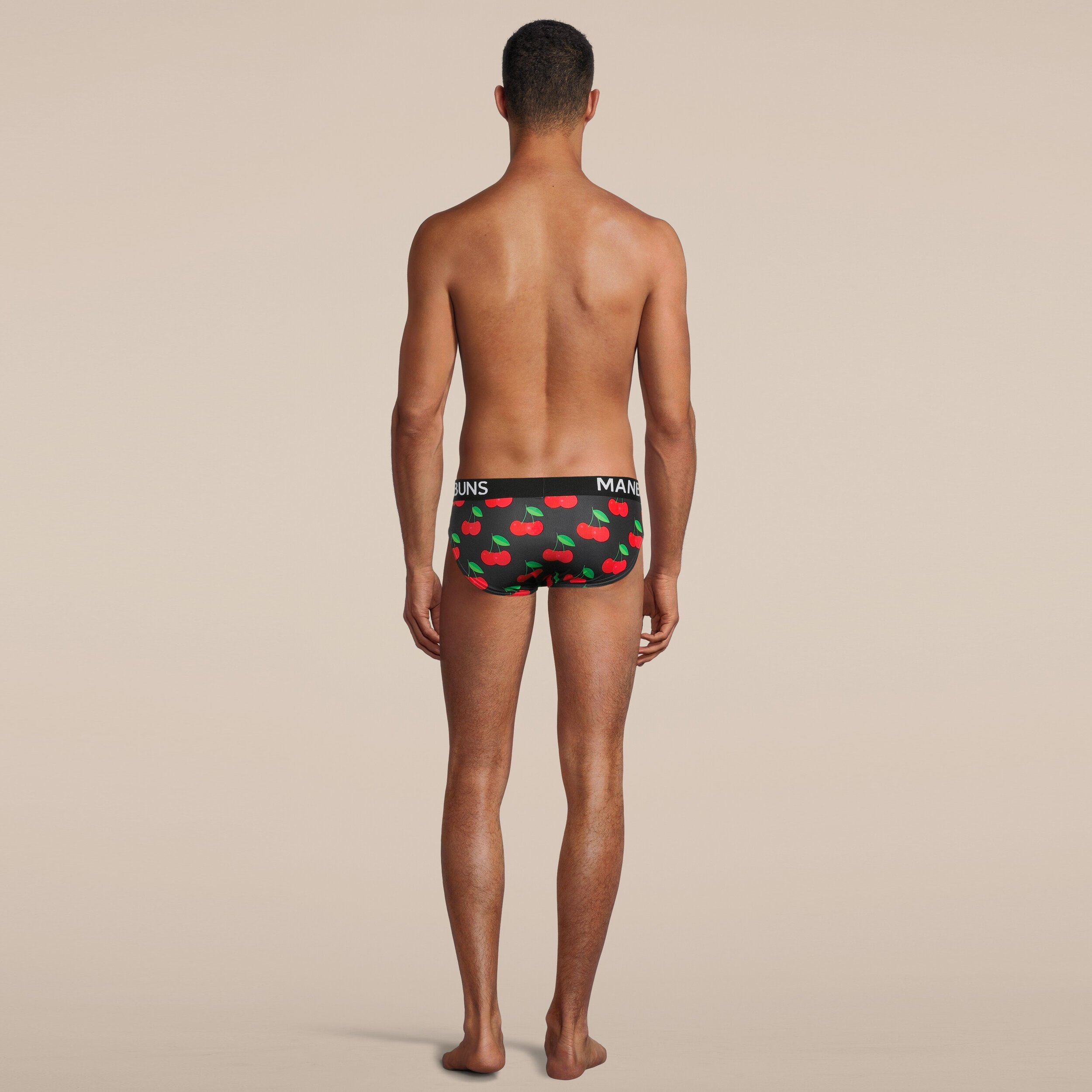 Men's Cherry Brief Underwear featuring breathable mesh fabric, slim fit design, and vibrant cherry pattern, perfect for workouts and casual wear.