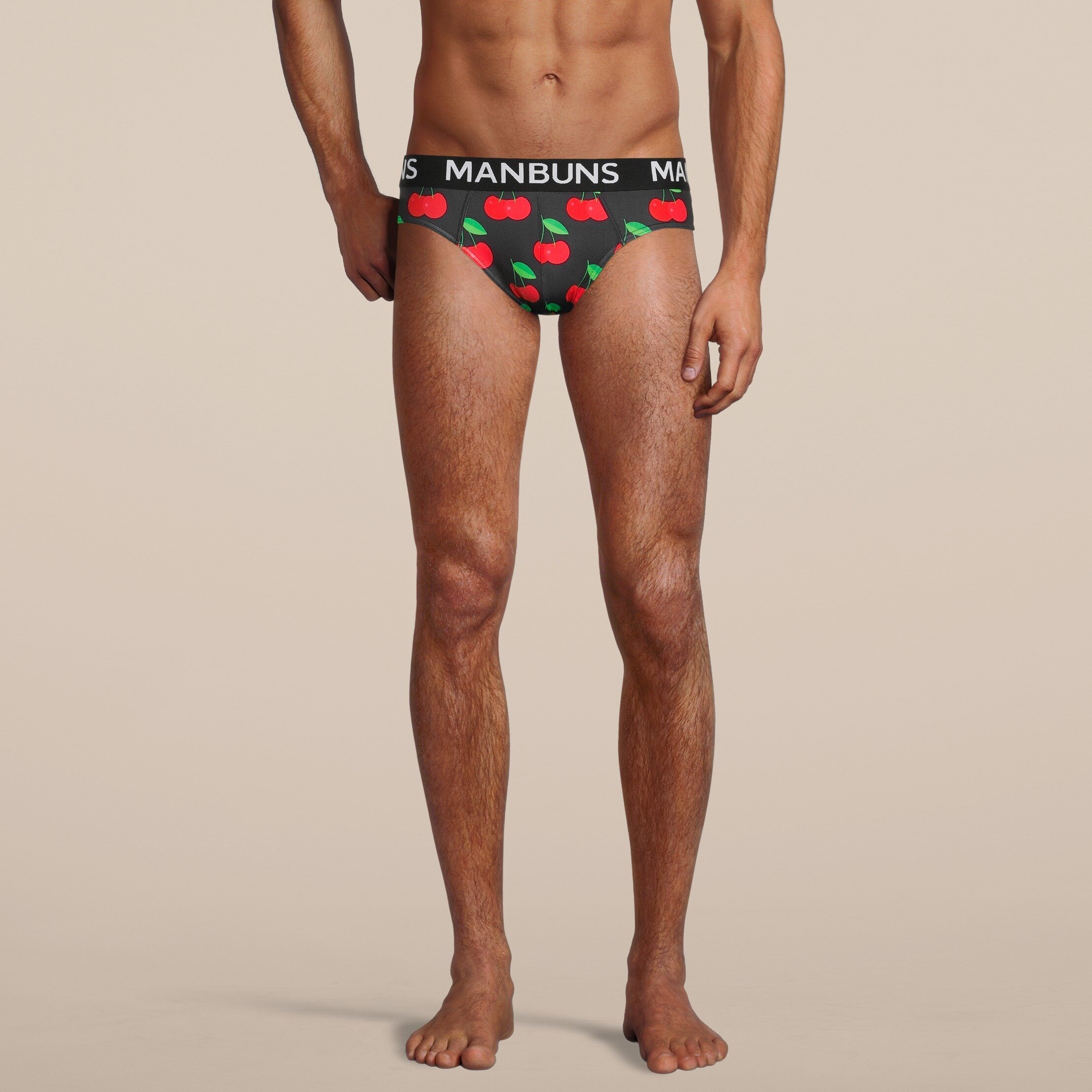 Men's Cherry Brief Underwear featuring breathable mesh fabric, slim fit design, and vibrant cherry pattern, perfect for workouts and casual wear.