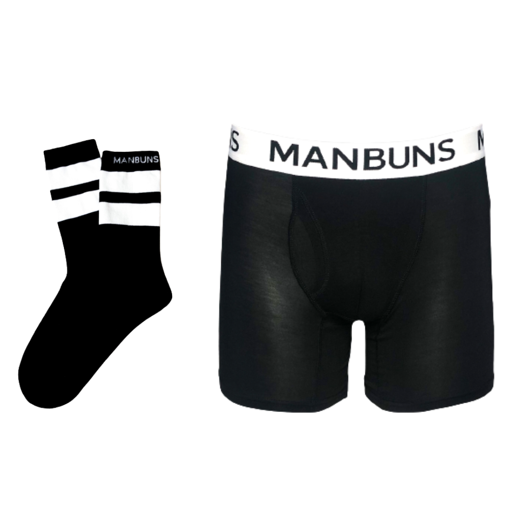 Men's classic black boxer brief underwear with pouch and matching unisex socks, showcasing a stylish and comfortable design.