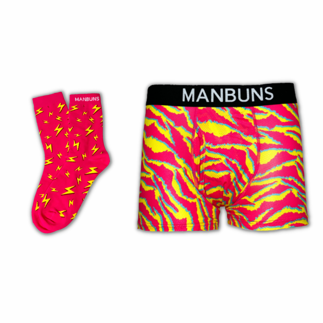 Men's Electric Zebra Boxer Trunk Underwear set featuring a stylish zebra pattern, breathable fabric, and matching unisex socks.