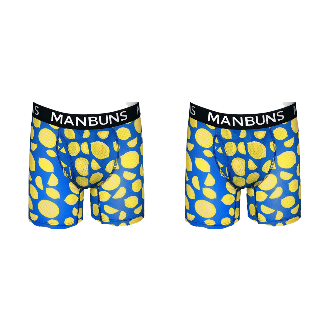 Men's Lemon Boxer Brief Underwear in a vibrant lemon pattern, showcasing breathable mesh material and a slim fit design.