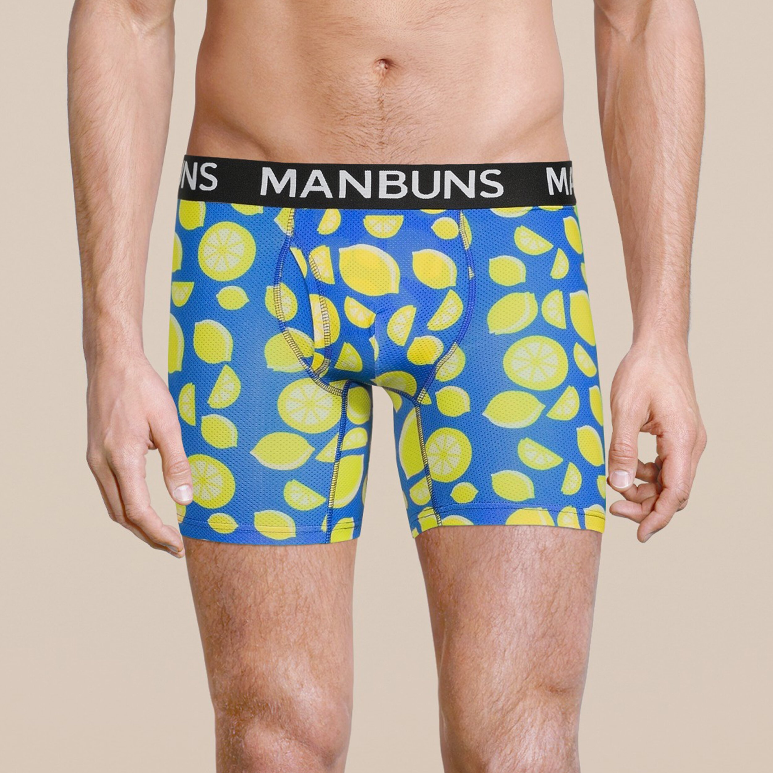 Men's Lemon Boxer Brief Underwear featuring a vibrant lemon pattern, made from breathable sport mesh material for comfort and style.