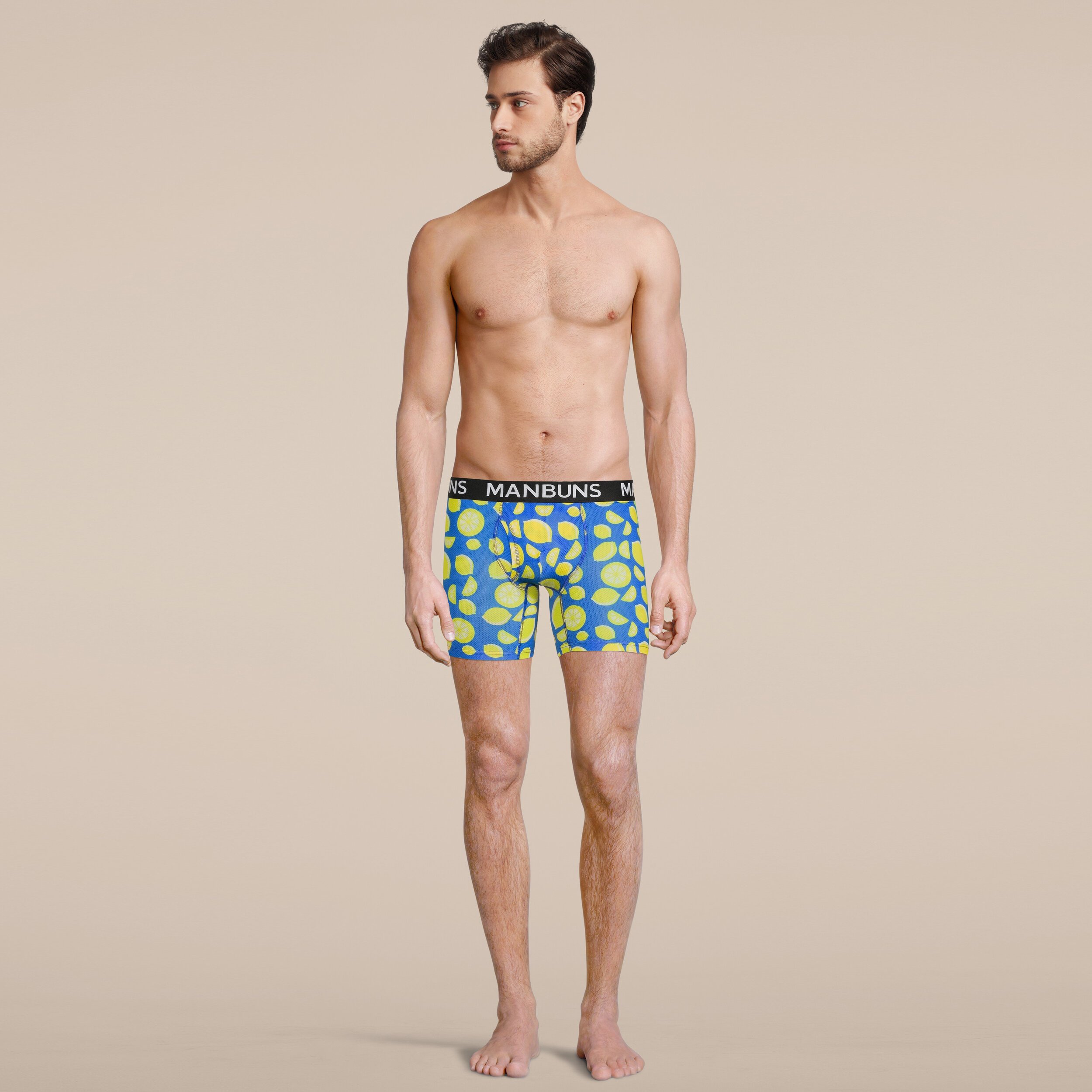 Men's Lemon Boxer Brief Underwear featuring a vibrant lemon pattern, made from breathable sport mesh material for comfort and style.