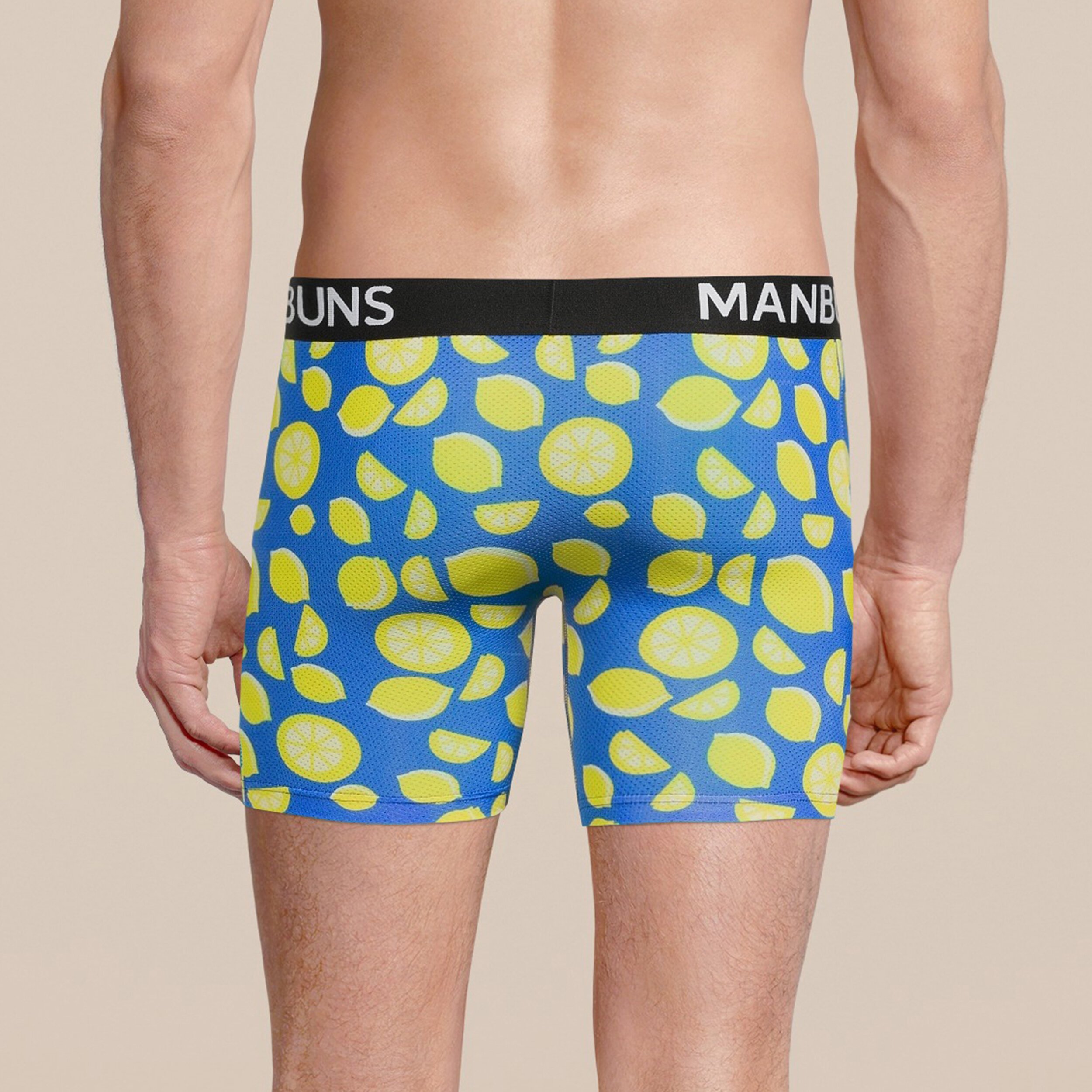 Men's Lemon Boxer Brief Underwear featuring a vibrant lemon pattern, made from breathable sport mesh material for comfort and style.