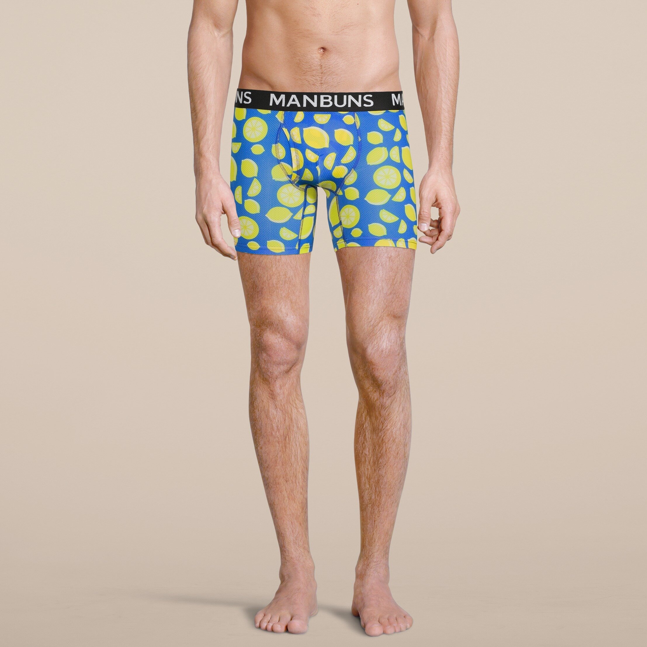 Men's Lemon Boxer Brief Underwear featuring a vibrant lemon pattern, made from breathable sport mesh material for comfort and style.