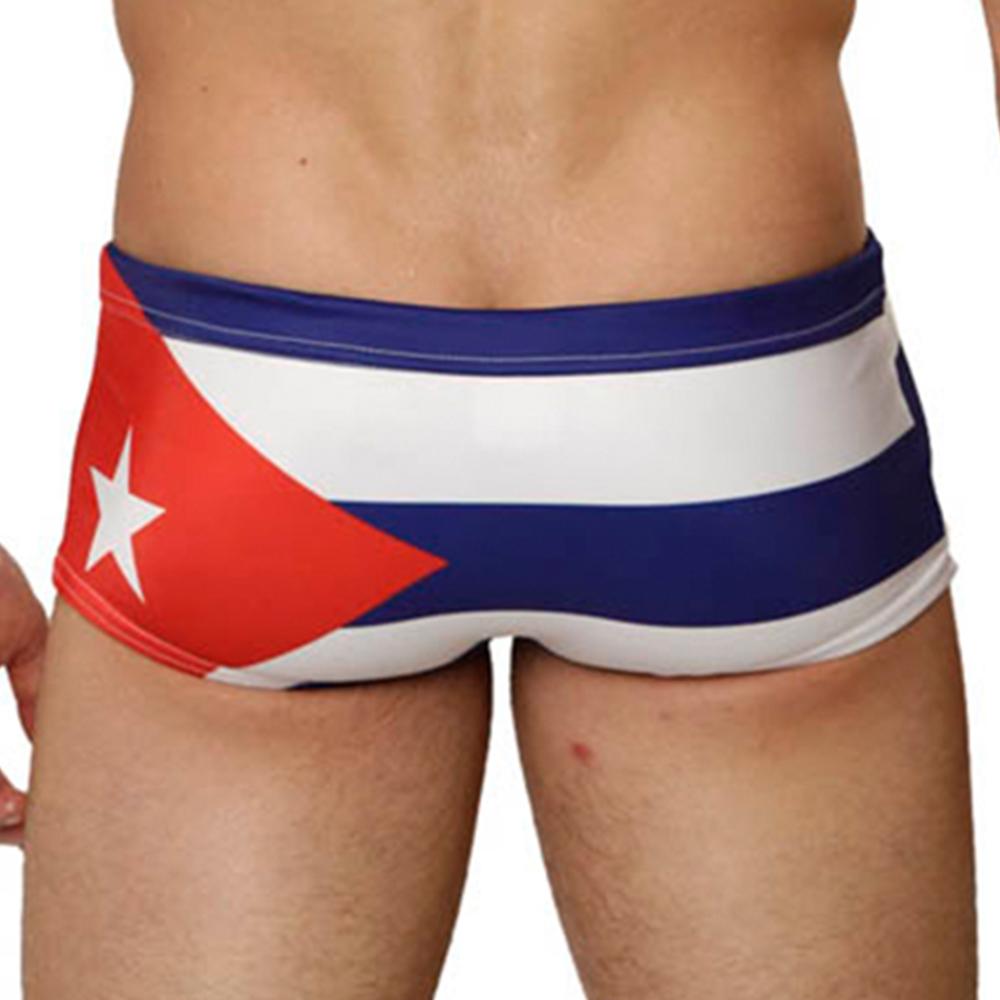 Mensuas MN8009 Flag Swim Trunk featuring Cuba flag design, low rise fit, and contoured pouch for men.