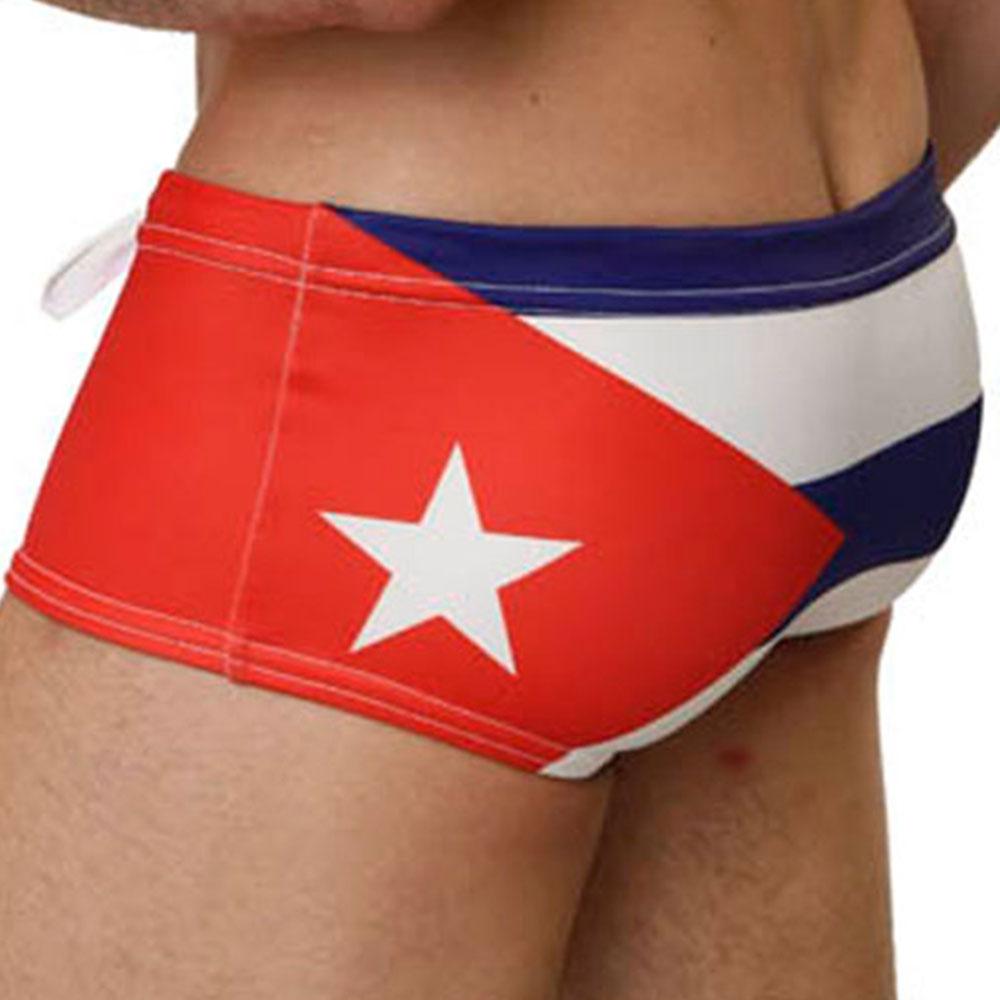 Mensuas MN8009 Flag Swim Trunk featuring Cuba flag design, low rise fit, and contoured pouch for men.