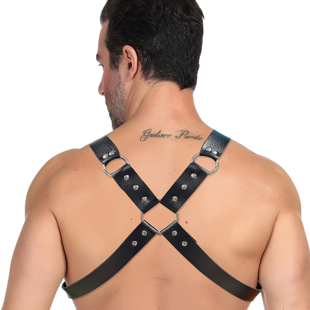 Miami Jock MJC003 men's costume featuring cross straps and leather elements, designed for a snug fit and enhanced physique.