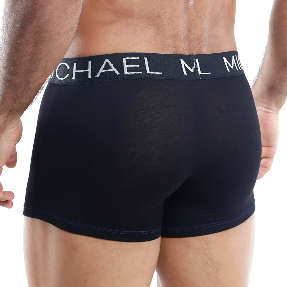 Michael MLG001 Boxer Trunk featuring a stylish name print, wide elastic waistband, and supportive pouch design.