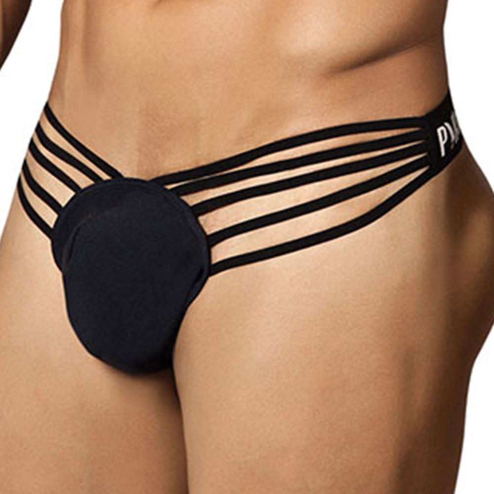 Pikante 8104 Spider Thong featuring a spider-like pouch and multiple straps for support, designed in a sleek black color.