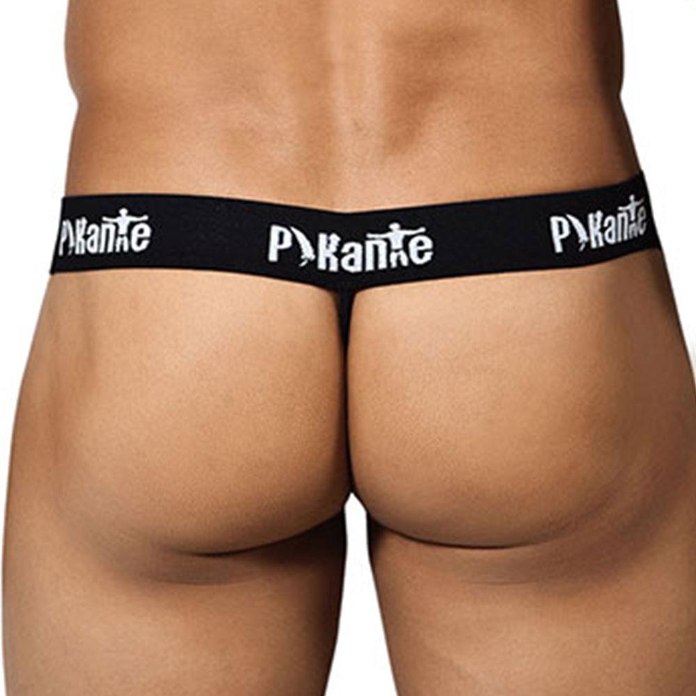 Pikante 8104 Spider Thong featuring a spider-like pouch and multiple straps for support, designed in a sleek black color.