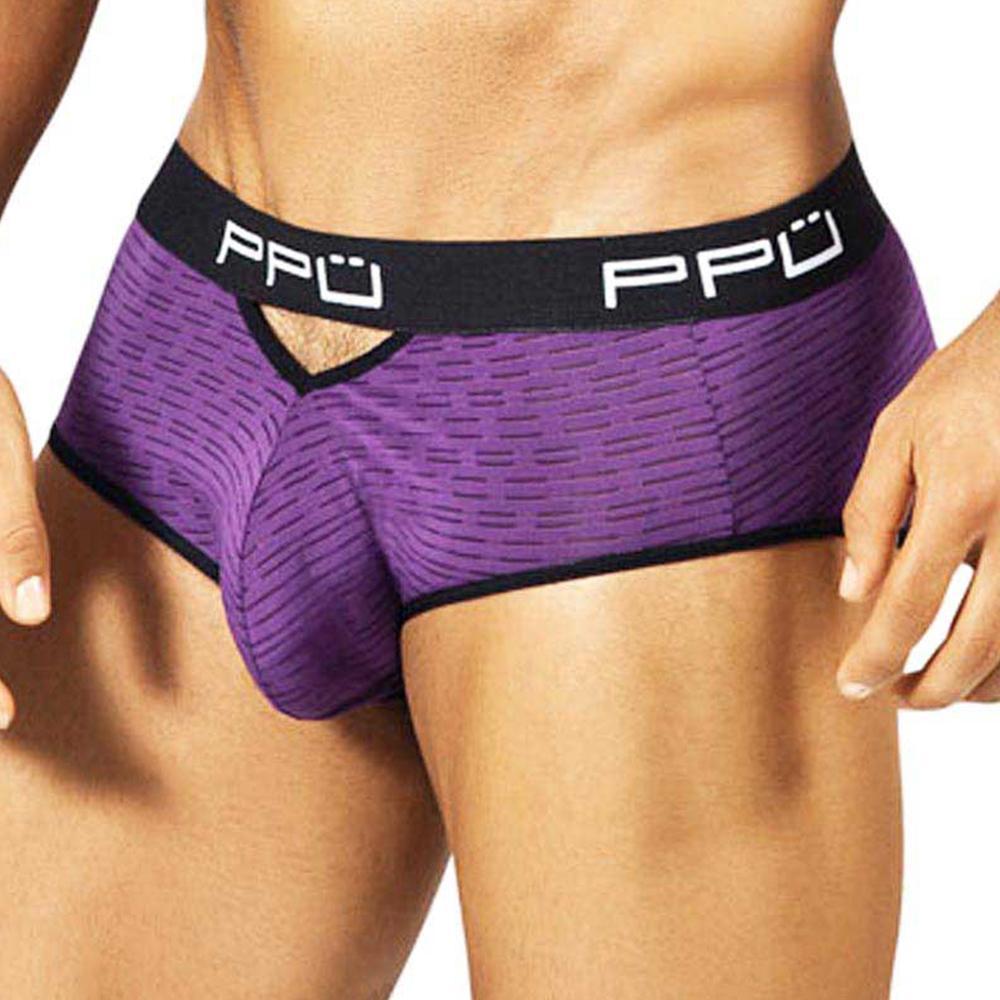 PPU 1309 Brief in black with red waistband and trim, featuring a V-shaped cutout and peek-a-boo opening.