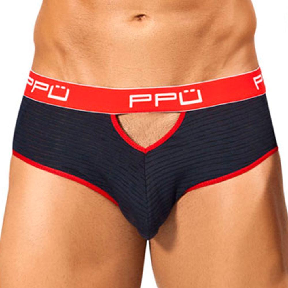 PPU 1309 Brief in black with red waistband and trim, featuring a V-shaped cutout and peek-a-boo opening.