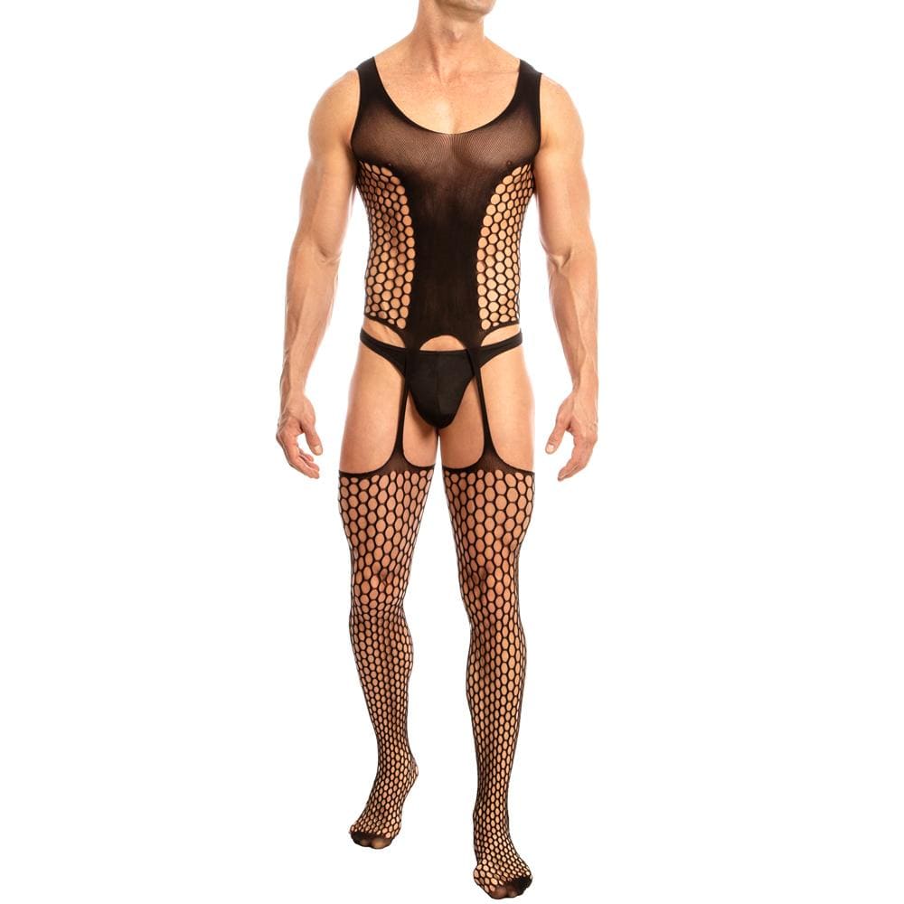 Secret Male SMC003 Bodystocking featuring a stylish lace and net design for men, showcasing a full-body coverage with daring cutouts.