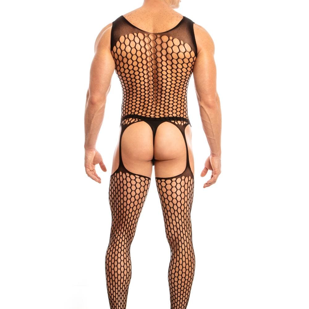 Secret Male SMC003 Bodystocking featuring a stylish lace and net design for men, showcasing a full-body coverage with daring cutouts.