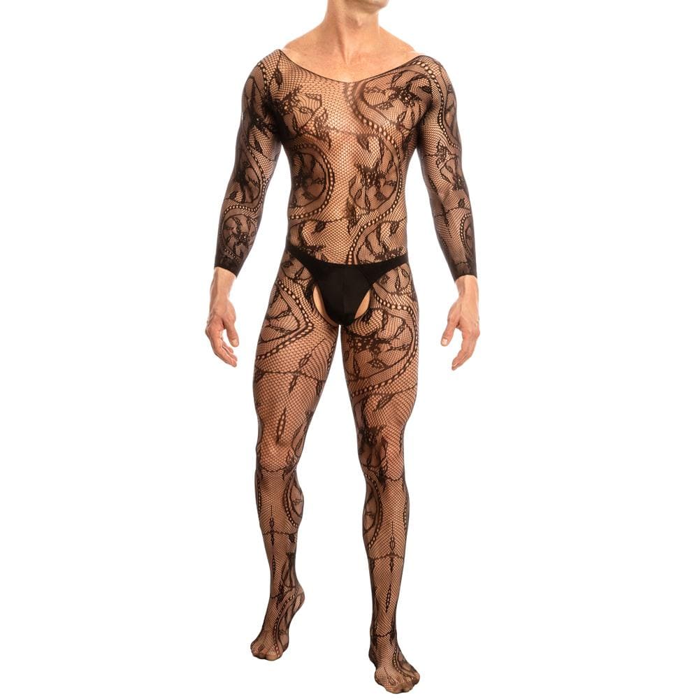 Secret Male SMC004 Bodystocking featuring a seductive lace design, full coverage, and sexy cutouts, perfect for showcasing muscular physique.